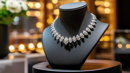 This stunning diamond necklace, showcased in an upscale jewelry store, captures the essence of luxury and elegance with its exquisite design and sparkling features.の素材