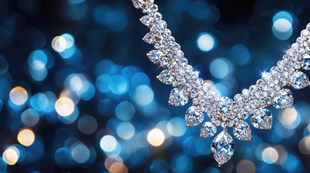 A breathtaking close-up of a silver necklace adorned with dazzling diamonds, set against a sparkling blue background, showcasing elegance and sophistication perfect for fashion promotions.の素材