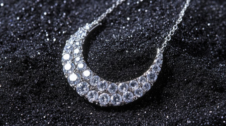 A stunning silver crescent necklace adorned with sparkling diamonds set against a rich dark background, embodying elegance and luxury for any fashion enthusiast.の素材
