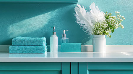 This image showcases a beautifully arranged bathroom scene featuring teal decor, soft towels, and fresh flowers, creating a harmonious and inviting atmosphere.の素材