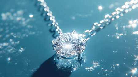 A close-up view of a radiant diamond pendant resting on a reflective surface, showcasing stunning clarity and brilliance, perfect for luxury jewelry enthusiasts.の素材