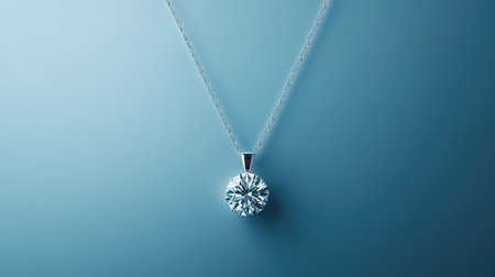 This stunning image captures an elegant diamond pendant on a delicate chain, showcasing its brilliance and craftsmanship against a soft blue background, perfect for jewelry enthusiasts.の素材