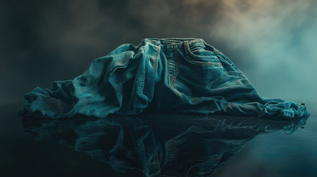 Artistic representation of crumpled jeans set against a moody backdrop, highlighting texture and form with striking reflections on a surface, creating an engaging visual experience.の素材
