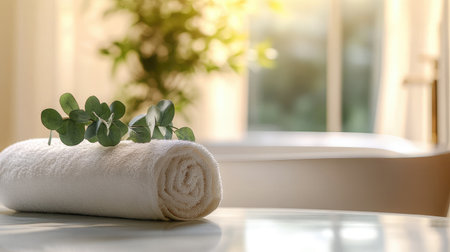 A serene bathroom scene featuring a rolled white towel adorned with fresh eucalyptus, bathed in soft natural light, ideal for a relaxing spa experience at home.の素材