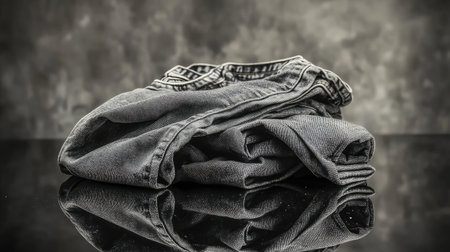 A stylish stack of folded black jeans resting on a reflective surface, set against a textured grunge background, perfect for showcasing contemporary fashion and clothing themes.の素材