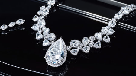 A stunning diamond necklace elegantly arranged on a sleek reflective surface, showcasing the intricate details and brilliant sparkle of each gemstone for a luxurious presentation.の素材