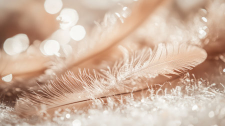 A soft close-up of delicate feathers set against a sparkling bokeh background. This image captures a sense of elegance and tranquility, ideal for artistic and design projects.の素材