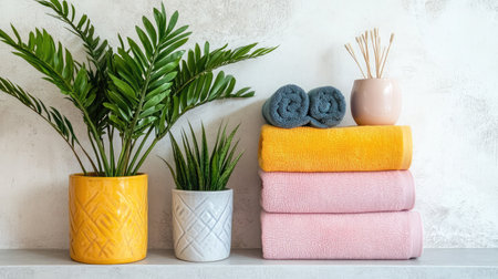 A stylish arrangement showcasing colorful towels, lush plants, and aromatic decor items, perfect for enhancing a bathroom's aesthetic and creating a relaxing atmosphere.の素材