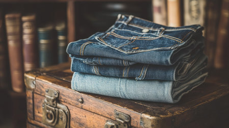 A neat stack of folded denim jeans rests on a vintage wooden chest, surrounded by a blurred bookshelf, capturing a relaxed lifestyle and timeless fashion essence.の素材
