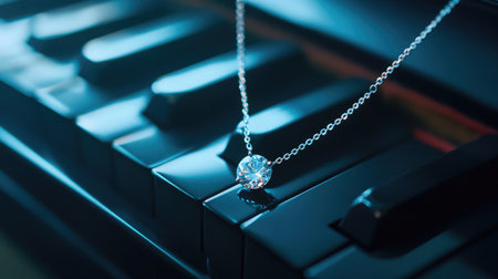 A stunning diamond pendant necklace elegantly rests on piano keys, creating a serene ambiance. The soft lighting accentuates the jewelry's brilliance and the musical elegance.の素材