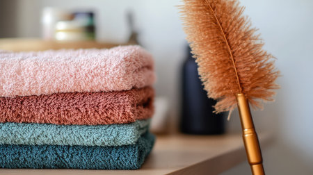A visually appealing arrangement of soft towels and a stylish cleaning brush, showcasing a cozy and inviting home environment that inspires relaxation and organization.の素材