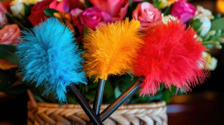A set of colorful feather dusters in blue, yellow, and red is beautifully displayed in front of a vivid floral bouquet, creating a cheerful and vibrant atmosphere for cleaning or decoration.の素材