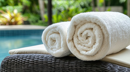 Two fresh white towels are elegantly rolled on a stylish lounger, creating a serene and inviting atmosphere near a sparkling pool surrounded by beautiful greenery.の素材