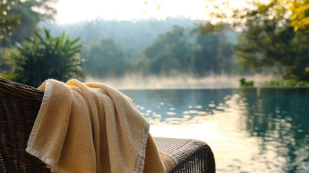 A soft towel rests on a woven chair beside a serene pool, capturing a tranquil moment in nature, perfect for relaxation and leisure by the water.の素材