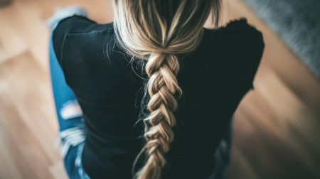 A serene scene showcasing a woman with long blonde hair styled in a neat braid. The image captures the beauty and simplicity of haircare in a cozy indoor setting.の素材