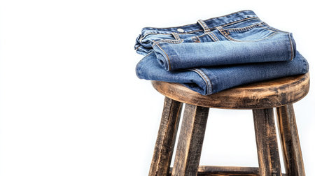 A pair of neatly folded blue jeans rests elegantly on a rustic wooden stool, set against a clean, minimalist background, embodying style and simplicity in fashion photography.の素材