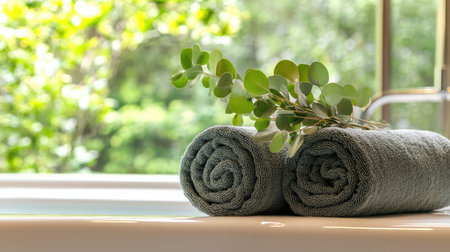 Experience a serene spa atmosphere with soft green towels and fresh eucalyptus, creating a tranquil and inviting space perfect for relaxation and rejuvenation.の素材