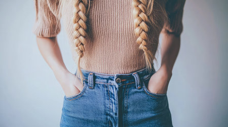 A confident young woman showcases her style with long braided hair, wearing a cozy sweater and high-waisted jeans, embodying casual elegance against a soft background.の素材