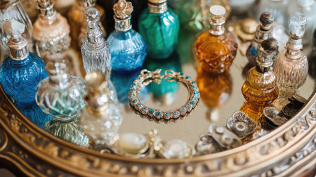 A stunning arrangement featuring vintage perfume bottles alongside a beautiful bracelet, set on an ornate mirror tray, showcasing elegance and timeless luxury for decorative inspiration.の素材
