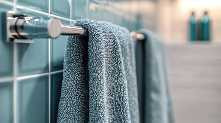 Experience the soothing vibe of a stylish bathroom featuring soft towels elegantly displayed on a modern rack against a vibrant aqua tiled wall, enhancing your interior design inspiration.の素材