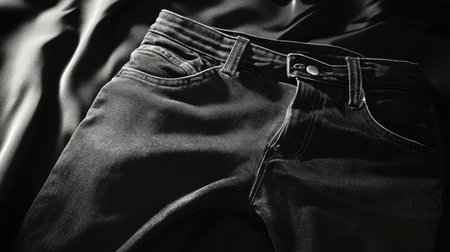 A close-up view of black denim jeans placed on a soft dark fabric. The shot emphasizes the texture and design, perfect for fashion and clothing-related projects.の素材