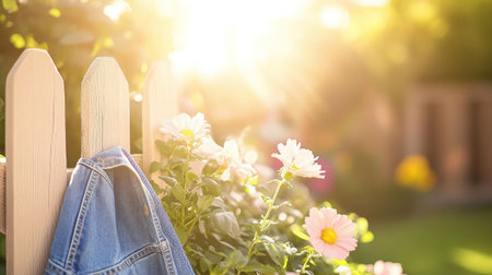 A serene garden scene featuring a denim jacket casually draped over a wooden fence. Vibrant flowers bloom in the soft sunlight, creating a warm atmosphere. Perfect for lifestyle or nature themes.の素材