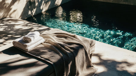 A serene relaxation area featuring soft towels by a shimmering pool, surrounded by nature's beauty. This tranquil setting invites a refreshing and calming escape from daily life.の素材