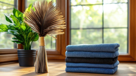 A beautifully styled home interior featuring neatly stacked towels and a decorative dried leaf arrangement by a sunlit window, perfect for evoking comfort and relaxation.の素材