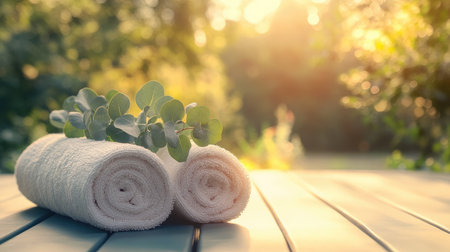 A serene arrangement of soft white towels with green eucalyptus leaves on a wooden table, captured in warm sunlight, creating a peaceful atmosphere in a natural setting.の素材