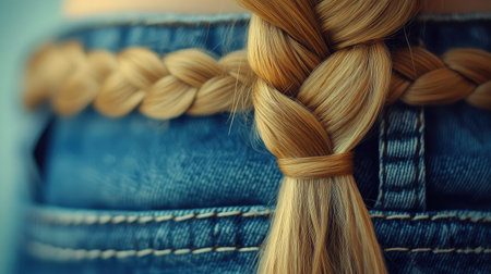 A stunning close-up image focusing on a beautifully styled blonde braid against a denim background, ideal for fashion, beauty, and lifestyle projects.の素材