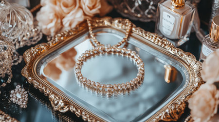 A captivating arrangement of luxury jewelry and elegant decor. This scene features a sparkling necklace on a reflective mirror, surrounded by soft roses and perfume bottles, exuding sophistication.の素材