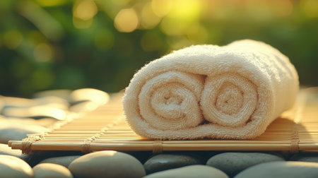 A pair of rolled white towels rests on a bamboo mat, surrounded by smooth river stones, creating a peaceful and relaxing atmosphere ideal for a spa or wellness retreat.の素材