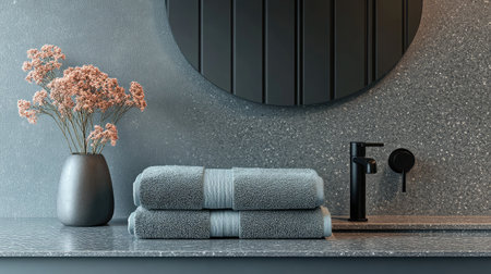 Modern bathroom interior showcasing luxurious towels, a sleek faucet, and a graceful vase with flowers, creating a calming and inviting ambiance.の素材
