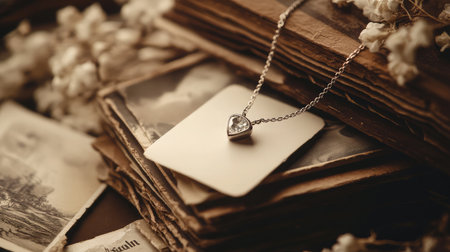 A heart-shaped pendant necklace rests elegantly on vintage photographs, creating a nostalgic scene. The arrangement includes delicate flowers, adding an artistic touch to the charming composition.の素材