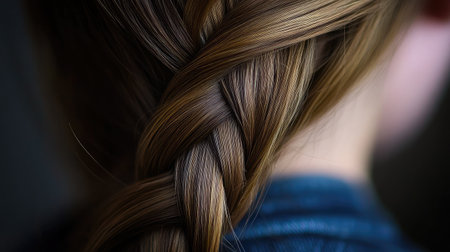 This close-up image captures a stunning braid in long brown hair, elegantly showcasing the intricate weaving and beautiful texture, perfect for beauty and hair styling themes.の素材