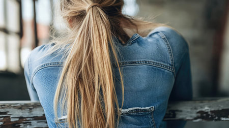 A young woman in a denim jacket with long blonde hair tied back sits on a rustic wooden bar, creating a serene and contemplative atmosphere in an industrial space.の素材