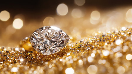 A stunning diamond gem rests elegantly on a glittering gold surface, capturing light with its brilliance. This image embodies luxury, beauty, and exquisite detail, perfect for elegance themes.の素材