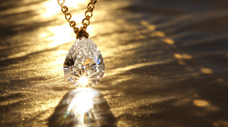 A stunning diamond pendant hangs gracefully from a gold chain, catching light beautifully against a soft golden background, perfect for luxury jewelry collections.の素材