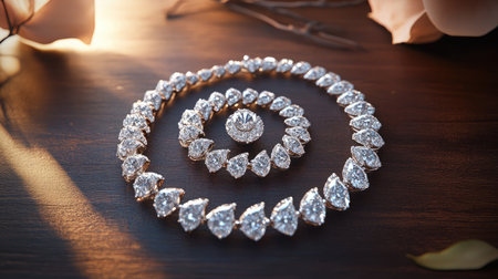 A stunning spiral arrangement of exquisite diamond jewelry placed on a rustic wooden surface, illuminated by natural light, capturing the essence of luxury and beauty.の素材