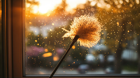 A serene scene of a dusting tool against a sunlit window, capturing warm particles in the air during golden hour, evoking feelings of tranquility and cleanliness.の素材