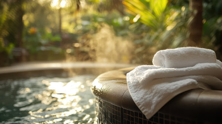 Experience ultimate relaxation with soft white towels placed beside a warm hot tub, surrounded by lush greenery and gentle steam, creating a peaceful spa atmosphere.の素材