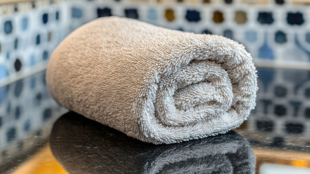 This image features a neatly rolled soft gray towel resting on a polished black surface, surrounded by beautifully designed tiles, providing a serene and inviting atmosphere.の素材