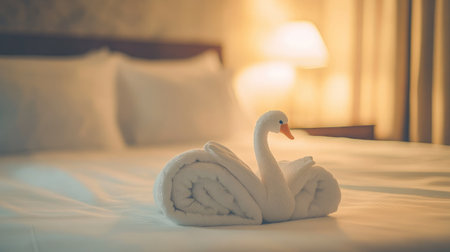 Discover a serene hotel room featuring a charming towel art swan on a pristine bedspread, creating a cozy and inviting atmosphere perfect for relaxation and comfort.の素材