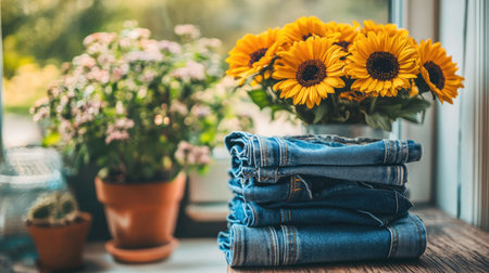 A warm and inviting indoor scene featuring neatly stacked denim jeans next to a beautiful bouquet of sunflowers and colorful potted plants, creating a cozy atmosphere.の素材