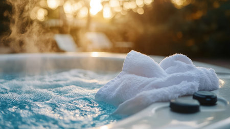 A serene scene featuring a soft white towel draped over a bubbling hot tub at sunset, creating a tranquil atmosphere perfect for relaxation, wellness, and self-care moments.の素材