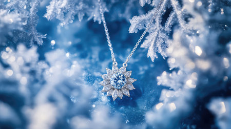 This enchanting image features a snowflake pendant necklace with a stunning blue gemstone, elegantly resting amidst frosty snowflakes and an icy blue background, capturing winterの素材