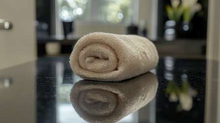 A neatly rolled soft towel placed on a glossy surface, reflecting light in a serene modern bathroom with blurred decorative elements in the background.の素材