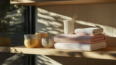 This image showcases a beautifully arranged bathroom shelf featuring soft towels and stylish accessories. Natural light enhances the serene atmosphere and elegant design.の素材