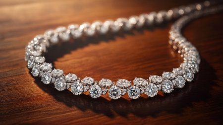 A dazzling diamond necklace resting elegantly on a wooden surface, showcasing its brilliant sparkle and timeless beauty as a perfect fashion accessory for special occasions.の素材