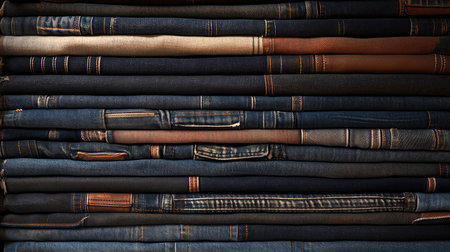 A stylish arrangement of stacked jeans in various shades of denim showcases different fabric textures, ideal for modern apparel collections and fashion-related projects.の素材